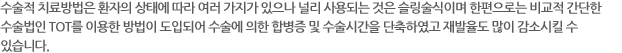 수술적 치료방법은 환자의 상태에 따라 여러 가지가 있으나 널리 사용되는 것은 슬링술식이며 한편으로는 비교적 간단한 수술법인 TOT를 이용한 방법이 도입되어 수술에 의한 합병증 및 수술시간을 단축하였고 재발율도 많이 감소시킬 수 있습니다. 