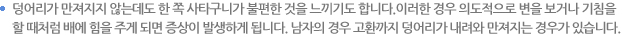 덩어리가 만져지지 않는데도 한 쪽 사타구니가 불편한 것을 느끼기도 합니다.이러한 경우 의도적으로 변을 보거나 기침을 할 때처럼 배에 힘을 주게 되면 증상이 발생하게 됩니다. 남자의 경우 고환까지 덩어리가 내려와 만져지는 경우가 있습니다.